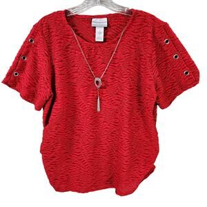 Alfred Dunner Petite Crinkle Top Women PL Short Sleeve Red Necklace Eyelet